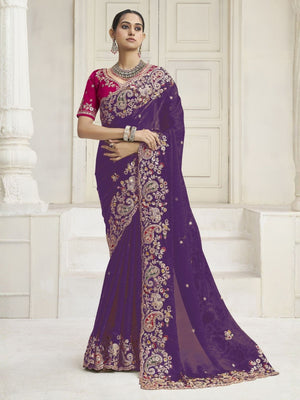 Rajwada Violet Satin Embroidered Saree For Women