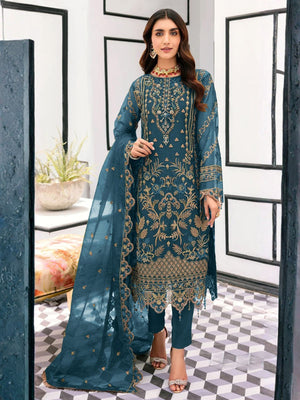 Rajwada Teal Blue Organza Embellished Semi-Stitched Kurta Set For Women