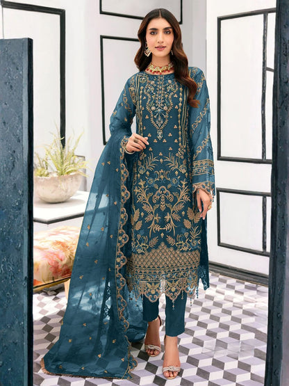 Rajwada Teal Blue Organza Embellished Semi-Stitched Kurta Set For Women