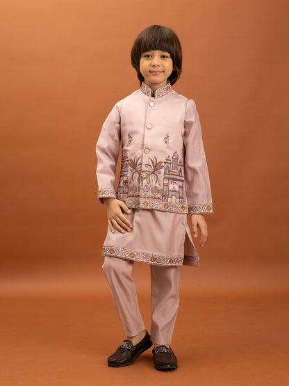 Rajwada Light Pink Viscose Silk Embroidered Stitched Kurta Set For Kids