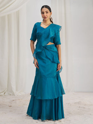 Rajwada Blue Organza Solid Ready To Wear Saree With Stitched Blouse For Women