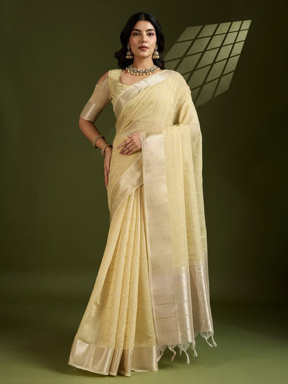 Rajwada Beige Silk Blend Woven Checked Saree For Women