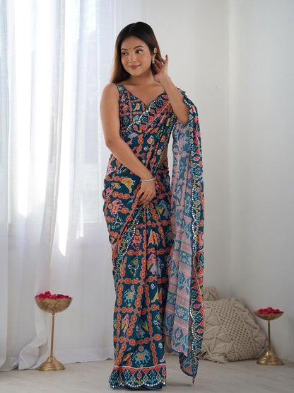 Rajwada Navy Blue Chinon Printed Saree With Unstitched Blouse For Women