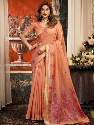 Rajwada Peach Cotton Blend Solid Saree For Women