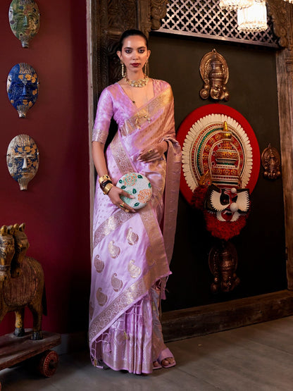 Rajwada Lilac Satin Woven Saree With Unstitched Blouse For Women