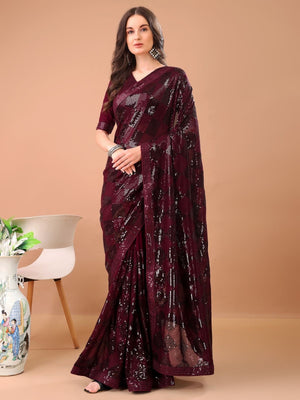 Rajwada Wine Georgette Embroidered Elegant Saree For Women
