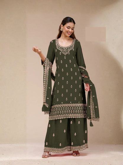 Rajwada Olive Georgette Embellished Semi Stitched Kurta Set For Women