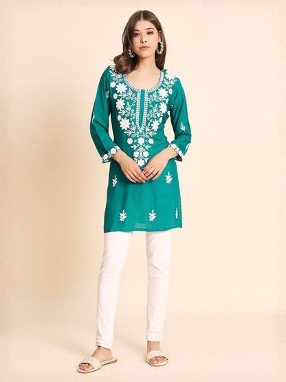 Rajwada Sea Green Rayon Embroidered Kurti For Women