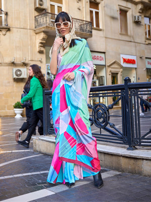 Rajwada Multicolor Silk Blend Printed Saree With Unstitched Blouse For Women