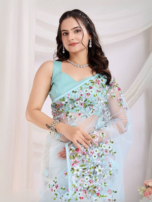 Rajwada Sky Blue Net Embroidered Elegant Saree For Women