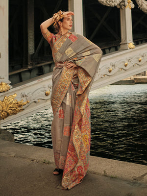 Rajwada Grey Modal Woven Saree With Unstitched Blouse For Women