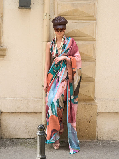 Rajwada Multicolor Georgette Printed Saree With Unstitched Blouse For Women
