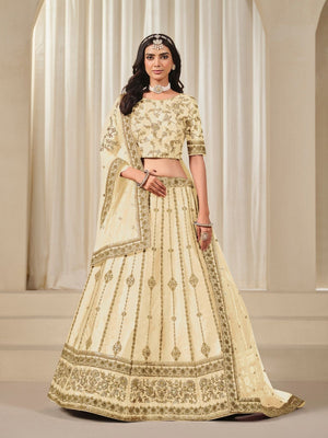 Rajwada Cream Art Silk Embroidered Semi-Stitched lehenga For Women
