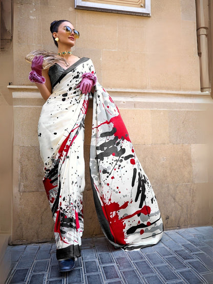 Rajwada Multicolor Satin Printed Saree With Unstitched Blouse For Women
