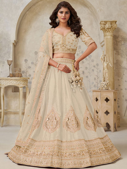 Rajwada Cream Silk Blend Embroidered Semi-Stitched Lehenga For Women