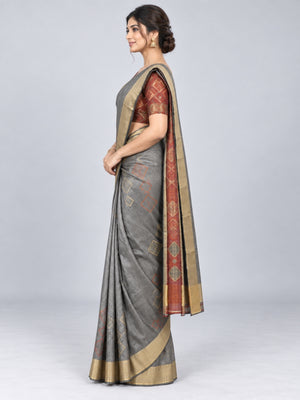 Grey Silk Blend Embellished Saree
