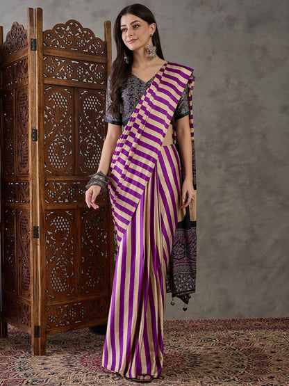 Rajwada Purple And Cream Silk Blend Printed Elegant Saree For Women