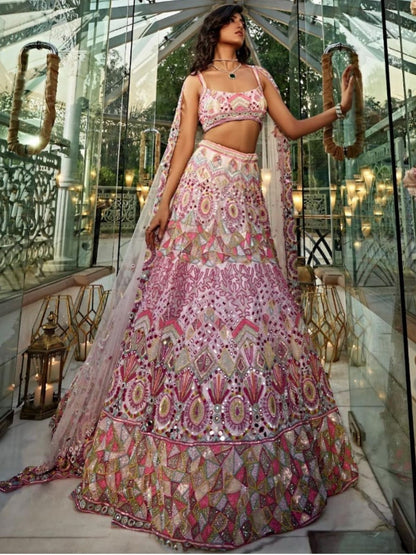 Rajwada Pink Georgette Embellished Semi Stitched Lehenga For Women
