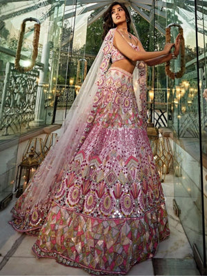 Rajwada Pink Georgette Embellished Semi Stitched Lehenga For Women