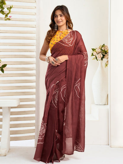 Rajwada Brown Cotton Linen Zari Work Saree For Women