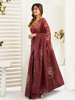 Rajwada Brown Cotton Linen Zari Work Saree For Women
