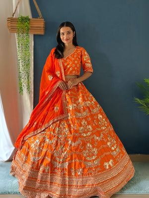 Rajwada Orange Silk Blend Embroidered Semi-Stitched lehenga For Women