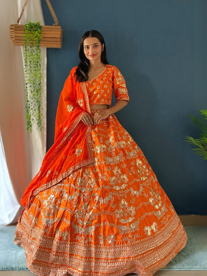 Rajwada Orange Silk Blend Embroidered Semi-Stitched lehenga For Women