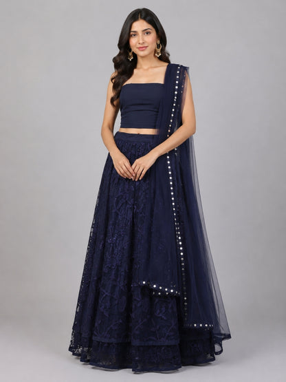 Navy Blue Net Embroidered Lehenga