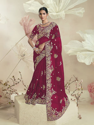 Rajwada Dark Pink Organza Embellished Elegant Saree For Women