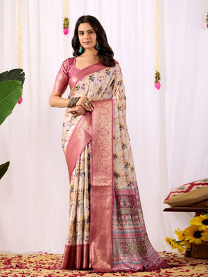 Rajwada Pink Silk Blend Printed Saree For Women