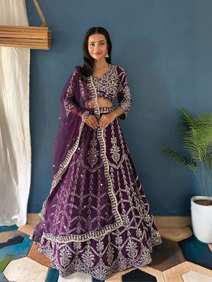 Rajwada Dark Purple Georgette Embroidered Semi-Stitched lehenga For Women