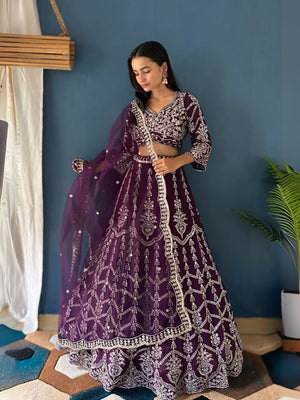 Rajwada Dark Purple Georgette Embroidered Semi-Stitched lehenga For Women