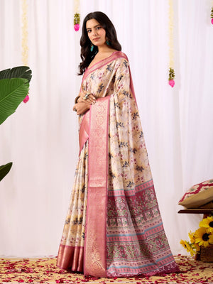 Rajwada Pink Silk Blend Printed Saree For Women