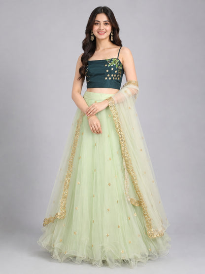 Light Green Net Embellished Lehenga