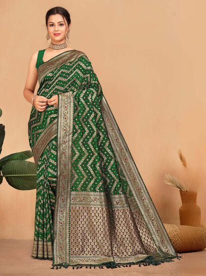 Rajwada Green Woven Banasari Silk Saree With Unstitched Blouse for Women