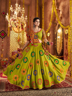 Rajwada Green Viscose Cotton Embroidered Semi-Stitched lehenga With Stunning Tassels For Women