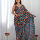 Rajwada Navy Blue Chinon Printed Saree With Unstitched Blouse For Women
