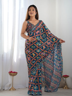 Rajwada Navy Blue Chinon Printed Saree With Unstitched Blouse For Women