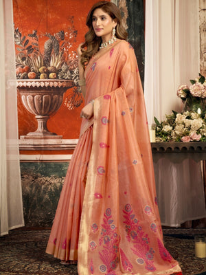 Rajwada Peach Cotton Blend Solid Saree For Women