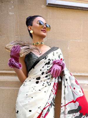 Rajwada Multicolor Satin Printed Saree With Unstitched Blouse For Women