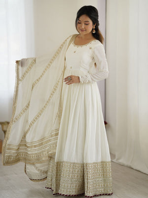 Rajwada White Chinon Silk Embroidered Stitched Kurta Set For Women