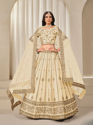 Rajwada Cream Art Silk Embroidered Semi-Stitched lehenga For Women