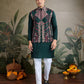 Rajwada Dark Green Viscose Silk Embroidered Stitched Kurta For Men
