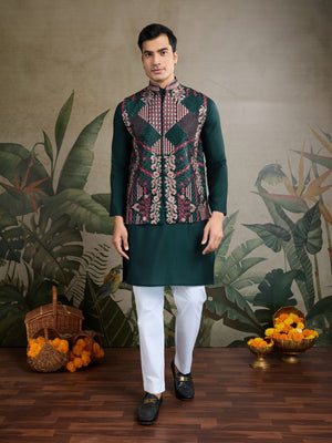 Rajwada Dark Green Viscose Silk Embroidered Stitched Kurta For Men