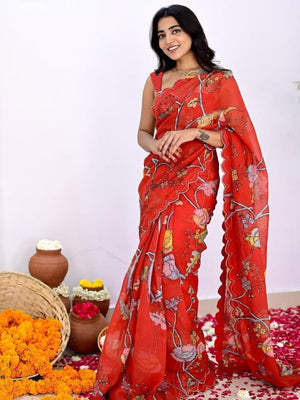 Rajwada Red Silk Blend Printed Saree For Women