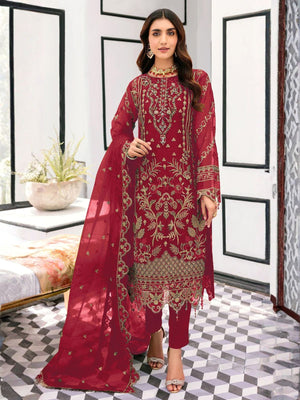 Rajwada Red Organza Embellished Semi-Stitched Kurta Set For Women