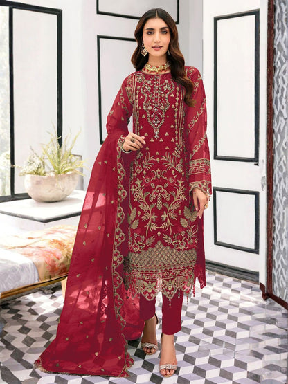 Rajwada Red Organza Embellished Semi-Stitched Kurta Set For Women