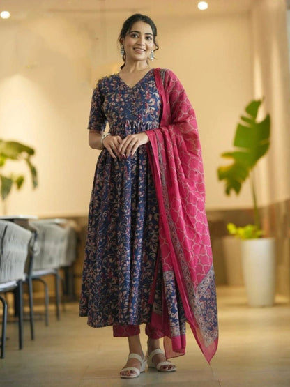 Rajwada Navy Blue Rayon Printed Stitched Kurta Set For Women