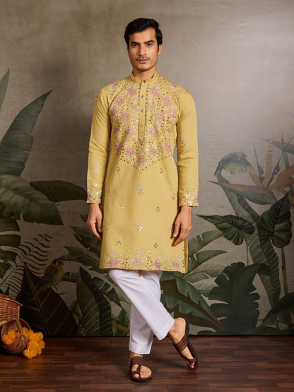 Rajwada Yellow Silk Blend Embroidered Stitched Kurta For Men