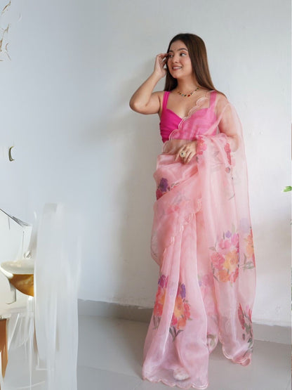Rajwada Light Pink Organza Printed Saree With Unstitched Blouse For Women